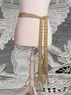 Handmade Y2K Crochet Skinny Gold Sequin Scarf / Belt with Tassels